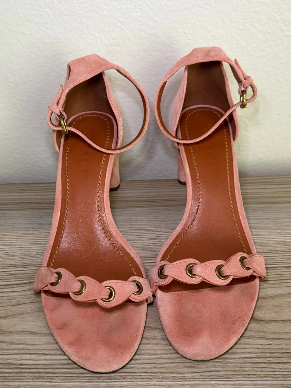 Coach Pink Suede Braided Strap Ankle-Heel Sandals